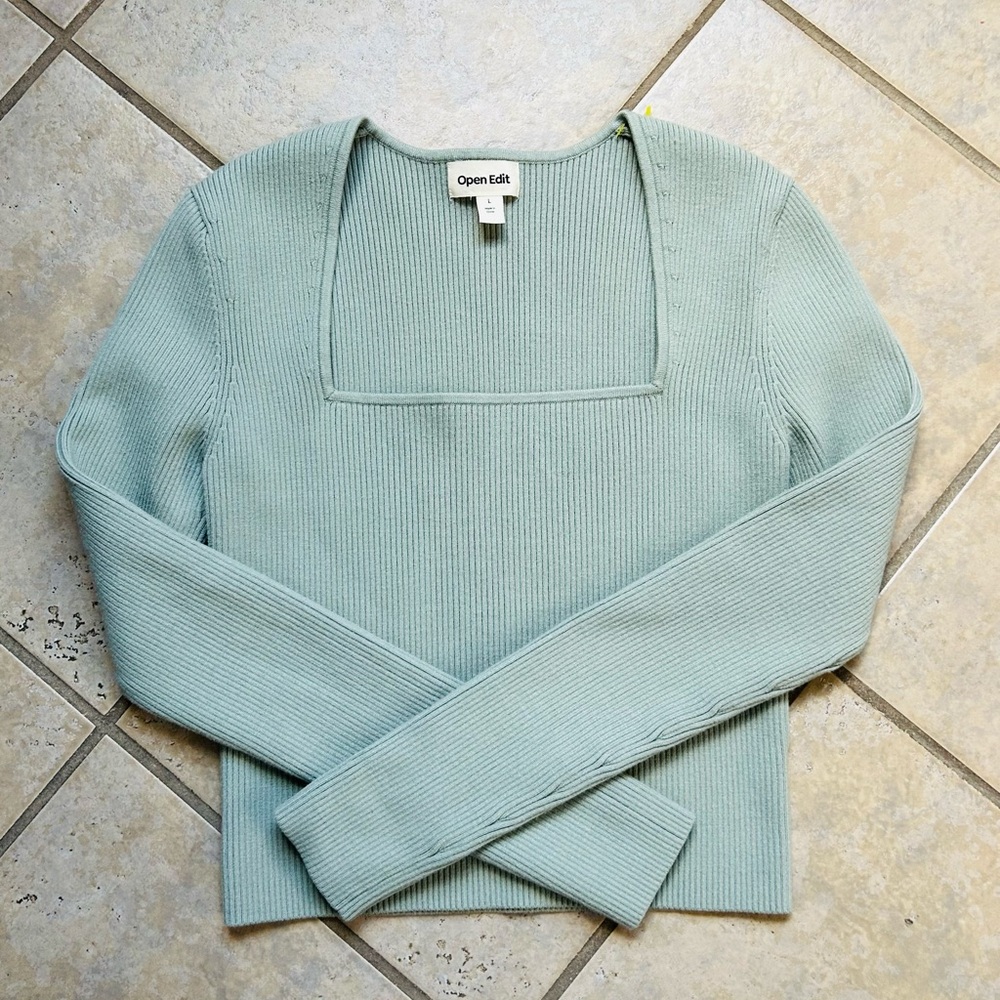 Open Edit Luxe Sculpt Square Neck Long Sleeve Top- Green